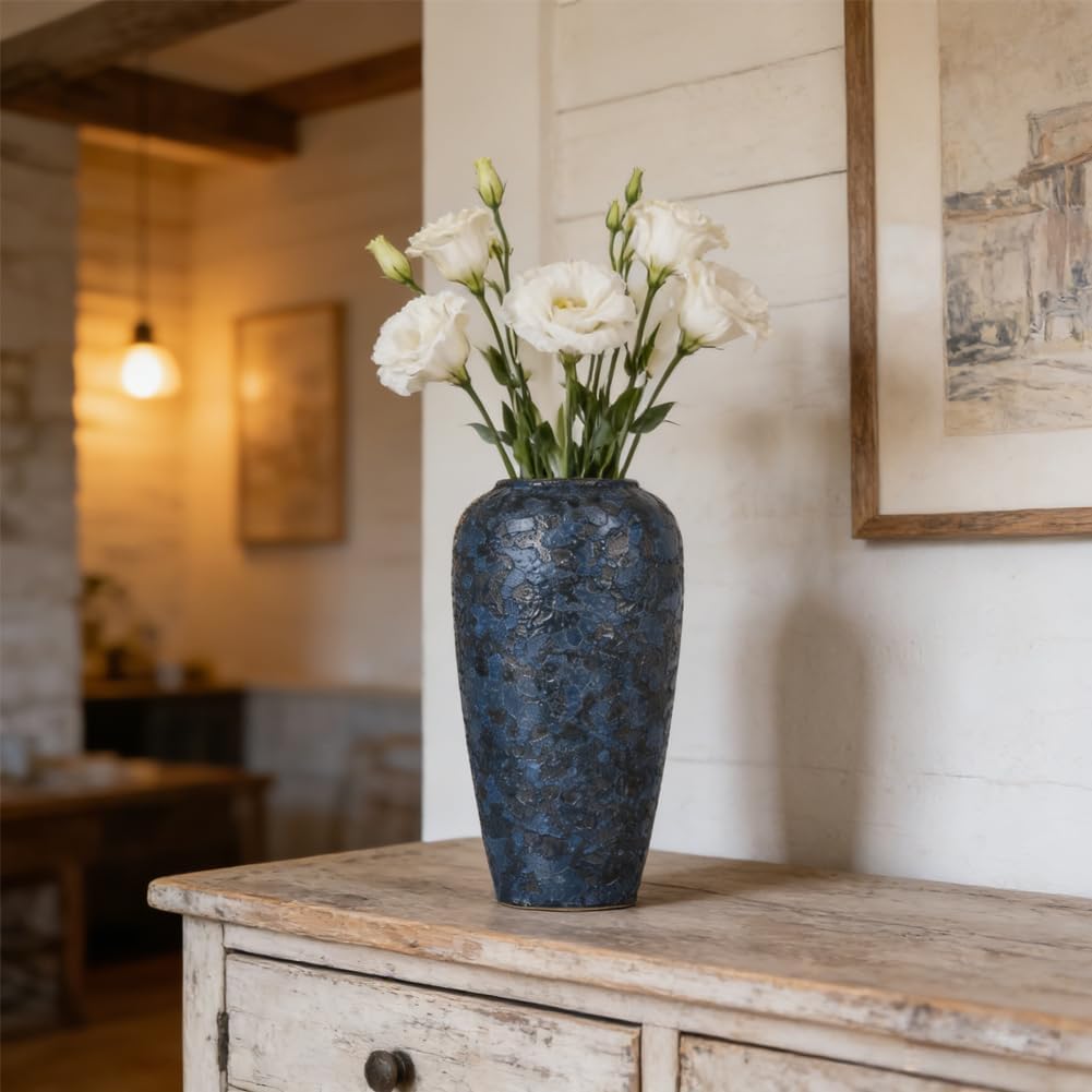 Blue Ceramic Vase, 13" Tall Rustic Terracotta, Blue Pampas Grass Vases, Large Vintage Centerpieces, Pottery for Home Decor, Living Room, Entryway, Table Centerpieces, Kitchen, Housewarming Gifts