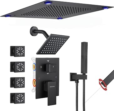 VANFOXLE Shower System, Brushed Gold Shower Faucet Set, Four Modes Diverter | 16 Inch Ceiling Mount LED Rain Head, 6 Inch Side Head, 2-in-1 Handheld Sprayer, 4 PCS Dual Mode Body Jets, Solid Brass Valve