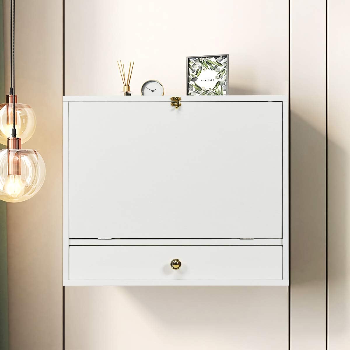 TANGZON Wall Mounted Table, Folding Drop Leaf Computer Desk with Storage Compartments and Drawer, Multifunctional Desk Workstation for Home and Office (White)