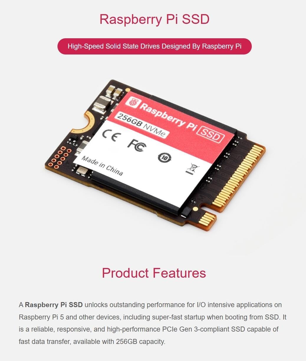 Official Raspbery Pi SSD, 256GB High-Speed Solid State Drives, Complies with PCIe Gen 3 Standard, Suitable for Raspbery Pi 5 (RPi SSD 256G)