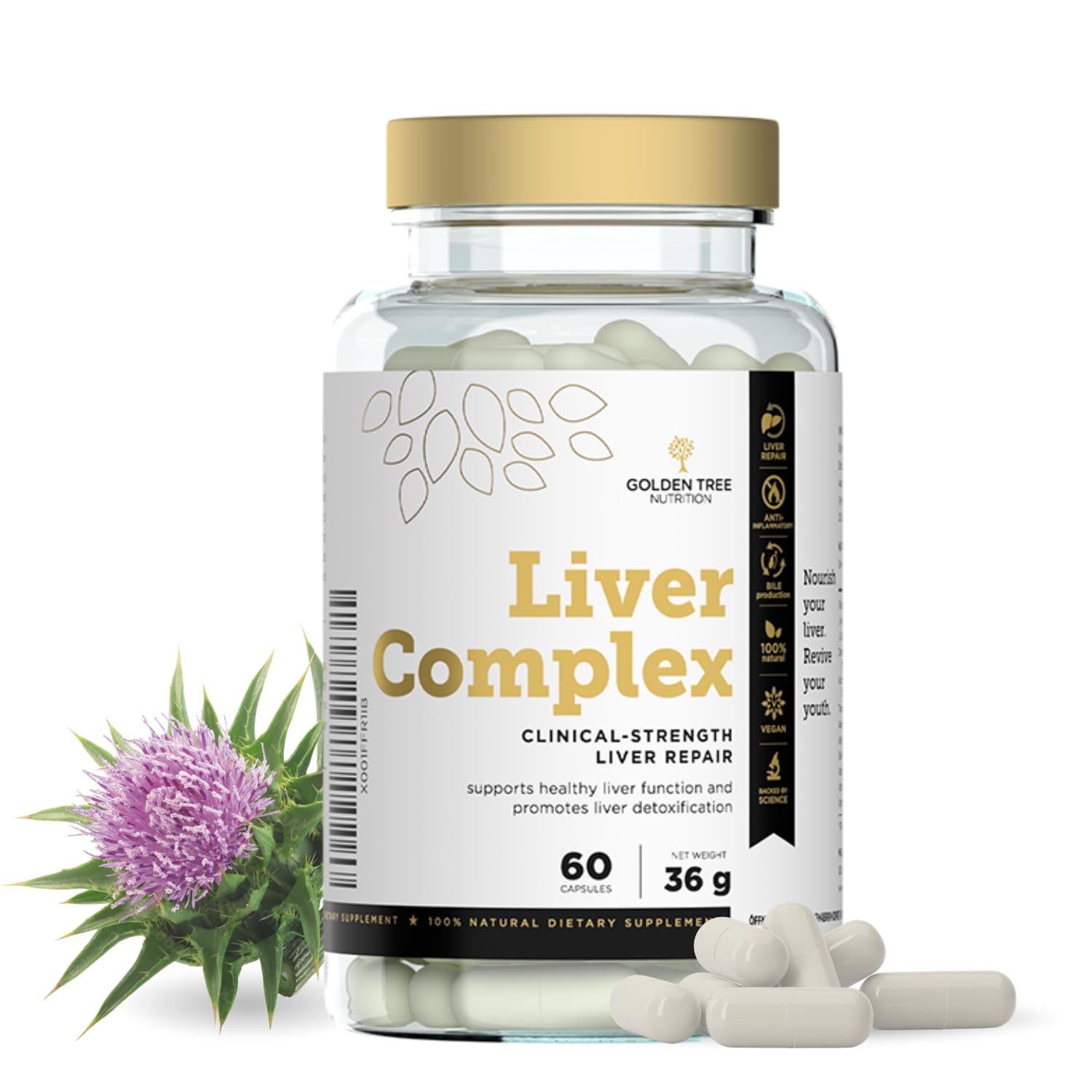 Golden Tree Liver Complex - Leber Komplex Kapseln, 60 Stück | Mariendistel, Löwenzahn, Artischocke, Kurkuma, Cholin, Vitamine B6 B12 D3 E, Schwarzer Pfeffer
