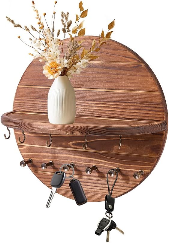 DICOSMETIC 1Pc Wood Key Holder Wall Mount Round Wooden Key and Mail Organizer Rustic Wall Decorative with Shelf and Hooks Circular Keys Rack Hanger for Home Decor