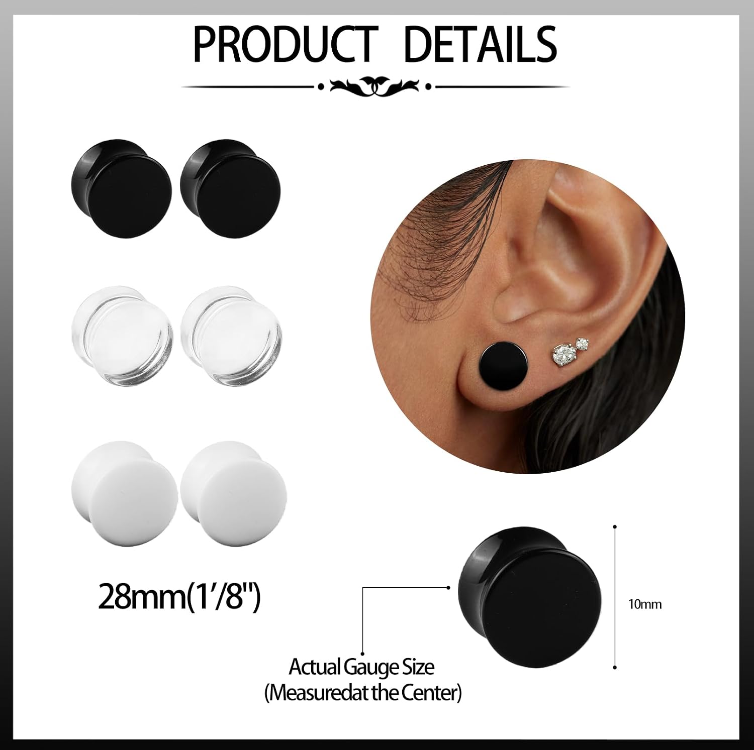 6Pcs Acrylic Gauges for Ear 0G-28mm Clear Black White Ear Plugs Double Flare Tunnels Ear Expander Body Piercing Jewelry for Women Men
