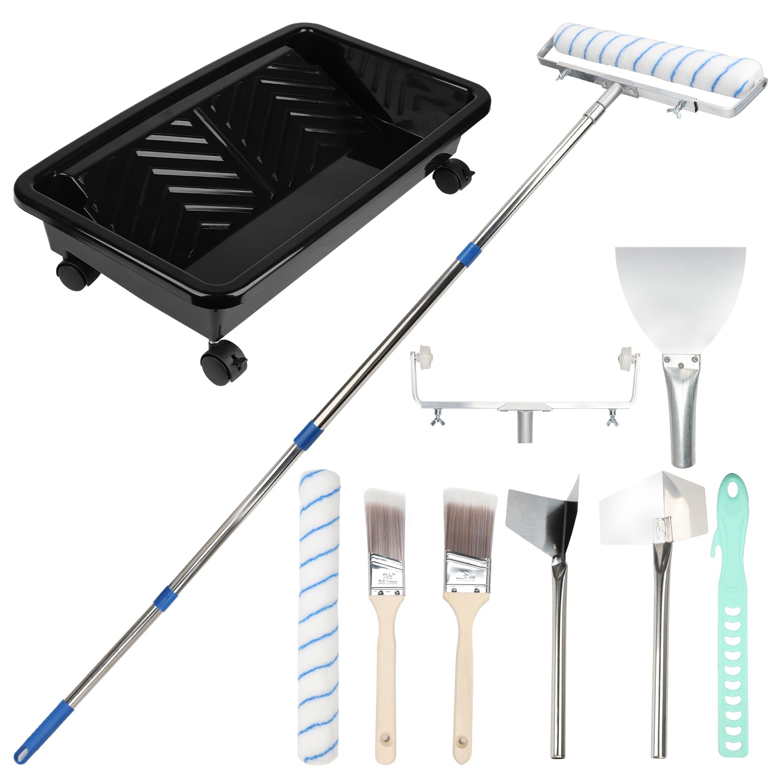 Farbroller Set mit Teleskopstange, Edelstahl Teleskopstange, Große Walzenbürste, Verstärkte Walzenwanne, Farbtrennbürsten, Großer Eckabstreifer, Spachtel und Rührstab, für Wand Decken (A)