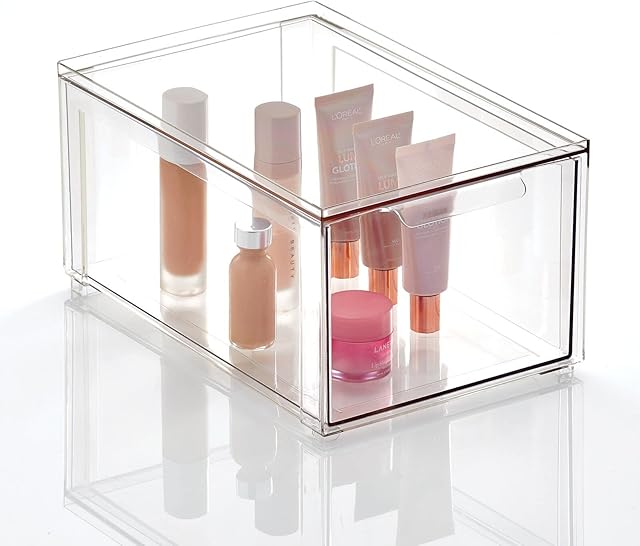 mDesign Storage Box  Deep Stackable Plastic Container with Hinged Lid  Bathroom Organiser Box for Toiletries, Makeup and Beauty Products  Clear