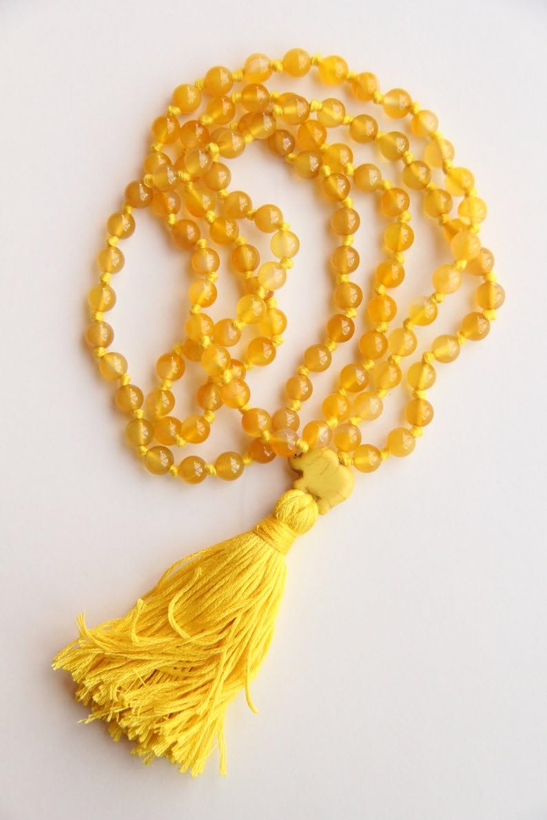 Cuentas de mala de piedra de citrino amarillo, collar de 108 mala, nudo mala, collar WWG, joyería de yoga, cuentas de meditación, joyería espiritual, joyería bohemia