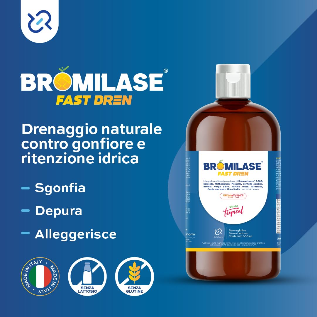 Fast Dren Integratore Bromelina Liquido 500 ml, Drenante Detox con Bromadvance 5000, Equiseto, Orthosiphon, Pilosella, Centella, Betulla e Tarassaco, Gusto Tropical, Senza Glutine e Lattosio