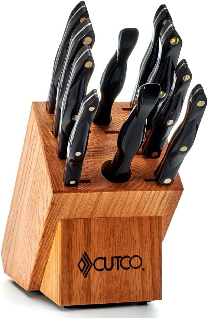 CUTCO Model 2001 Homemaker Set............10 High Carbon Stainless knives & forks with Classic Dark Brown ("Black") handles in factory-sealed plastic bags............#1741 Honey Oak knife block, #82 Sharpener, and 10" x 13" Poly Prep cutting board also included.