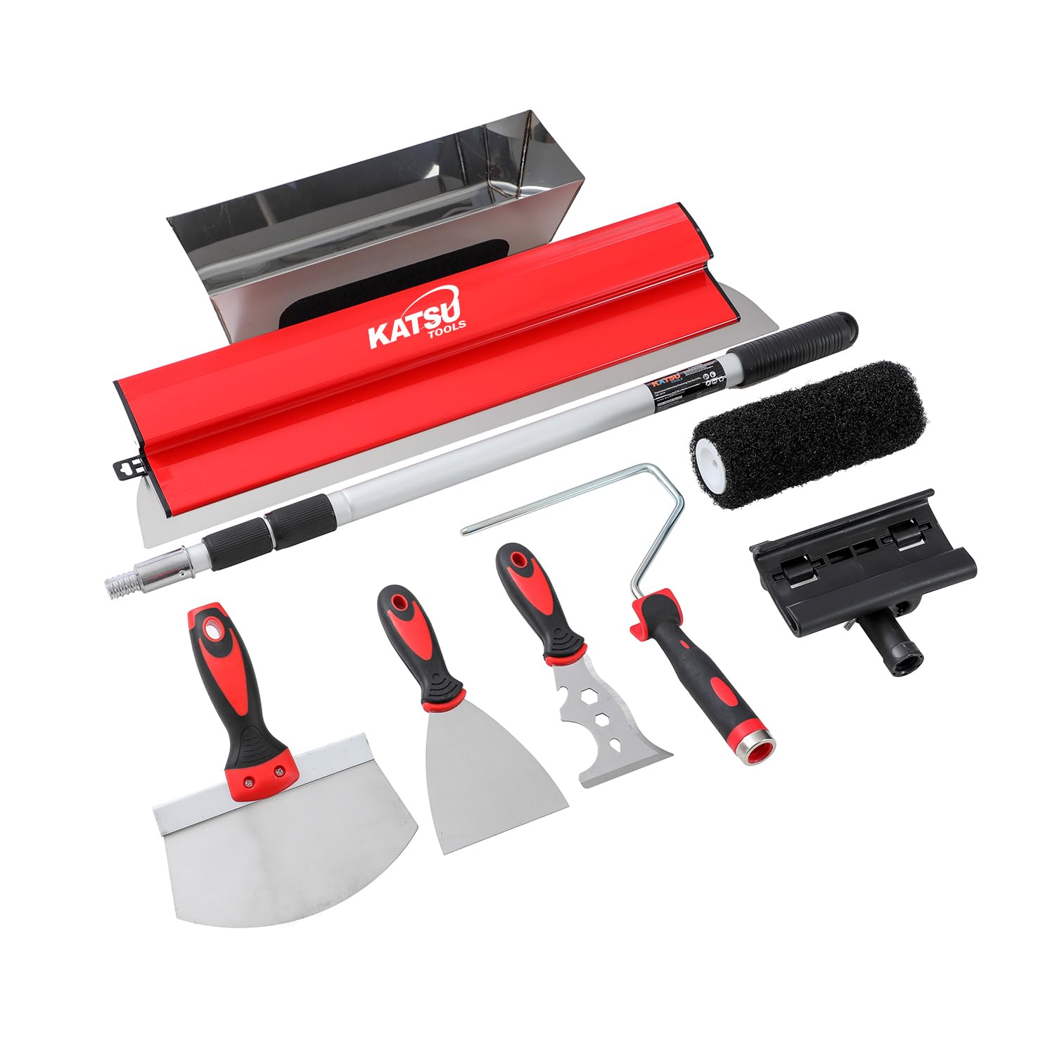 KATSU Tools Trockenbau-Klingen-Set, 8-teilig, 60 cm Skimming-Klinge + Aluminium-Verlängerungsstange + Farbroller + Spachtelmesser + Tapetenschaber + Schlammwanne, für Wandbrett, Deckenputz, 8 Stück