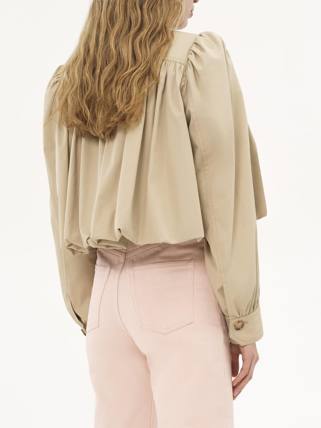 CHARTOU Women Fall Pleated Cropped Jacket Coat Stand Collar Single Breasted Puff Sleeve Trench Outwear Coat