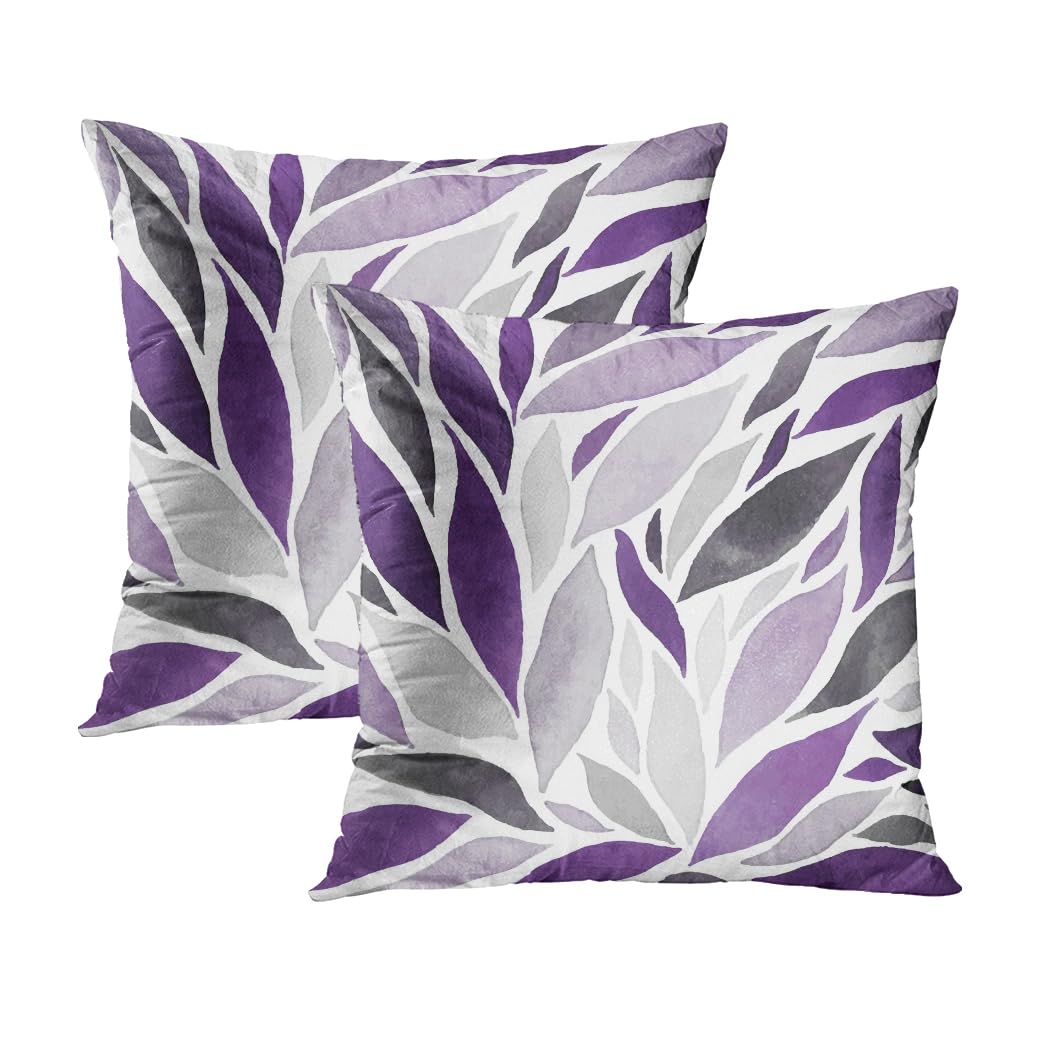 WWOOPLL Set of 2 Cushion Covers 45x45cm, Watercolor Purple Grey Leaves on White Home Decor Pillowcases Throw Cushions Pillow Covers for Living Room Sofa Couch Bed, 18x18 Inch