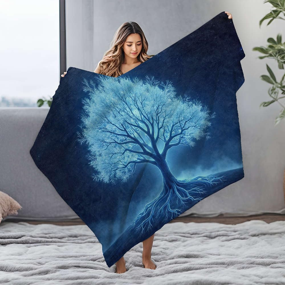 Couverture flanelle arbre bleu grand lit ciel étoilé 150x200cm