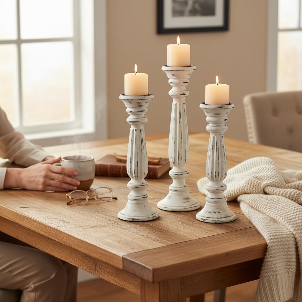 Mango Wood Candle Holders Framingham Style for Pillar Candles Set of 3 Large Wooden Hand Carved Tall Candle Holders 18" 16" 14” Height White wash Finish Tabletop Centrepiece Decor