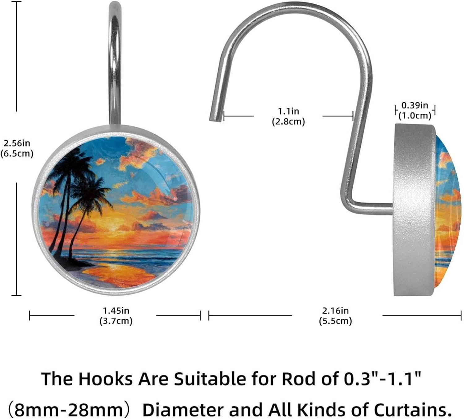 12PCS Tropical Palm Beach Sunset (2) Shower Curtain Hooks Metal Rust Resistant Decorative Shower Curtain Hooks Bathroom Decorations