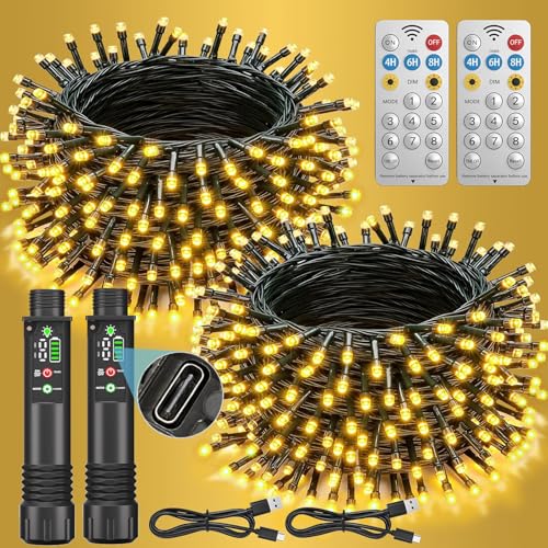 Soiarllt Rechargeable String Lights 2-Pack Total 66ft 200LED Rechargeable Fairy Lights with Remote Timer IP65 Waterproof Portable Camping Lights for Tent Patio Bedroom Outdoor Decor(Warm White)