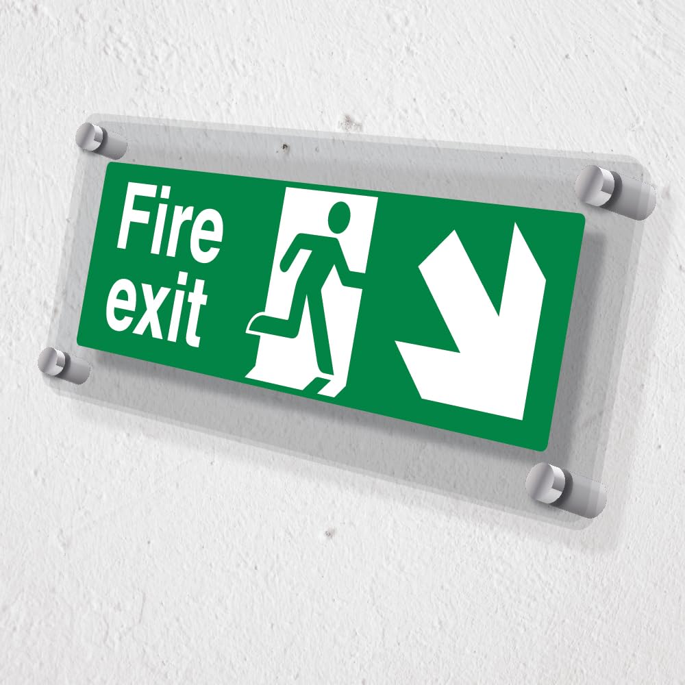 V Safety Fire Exit Arrow Down Right - 300 x 100 mm - Acrylic Perspex Cast Clear Safety Sign, Green - Image 2