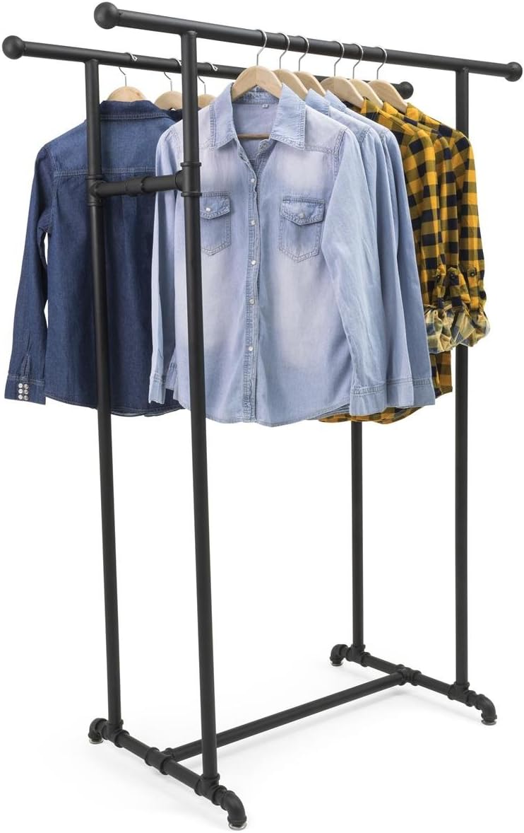 Displays2go, Pipe Clothing Rack with Double Pipe, Metal Construction – Black Powder Coated Finish (PPLNRCKDBL)