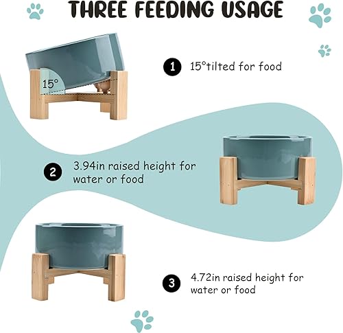 Miniatura 3 de SPUNKYJUNKY Cuenco de cerámica inclinado en 15 para perros y gatos con soporte de madera, cuenco inclinado para comida y agua para bulldog,