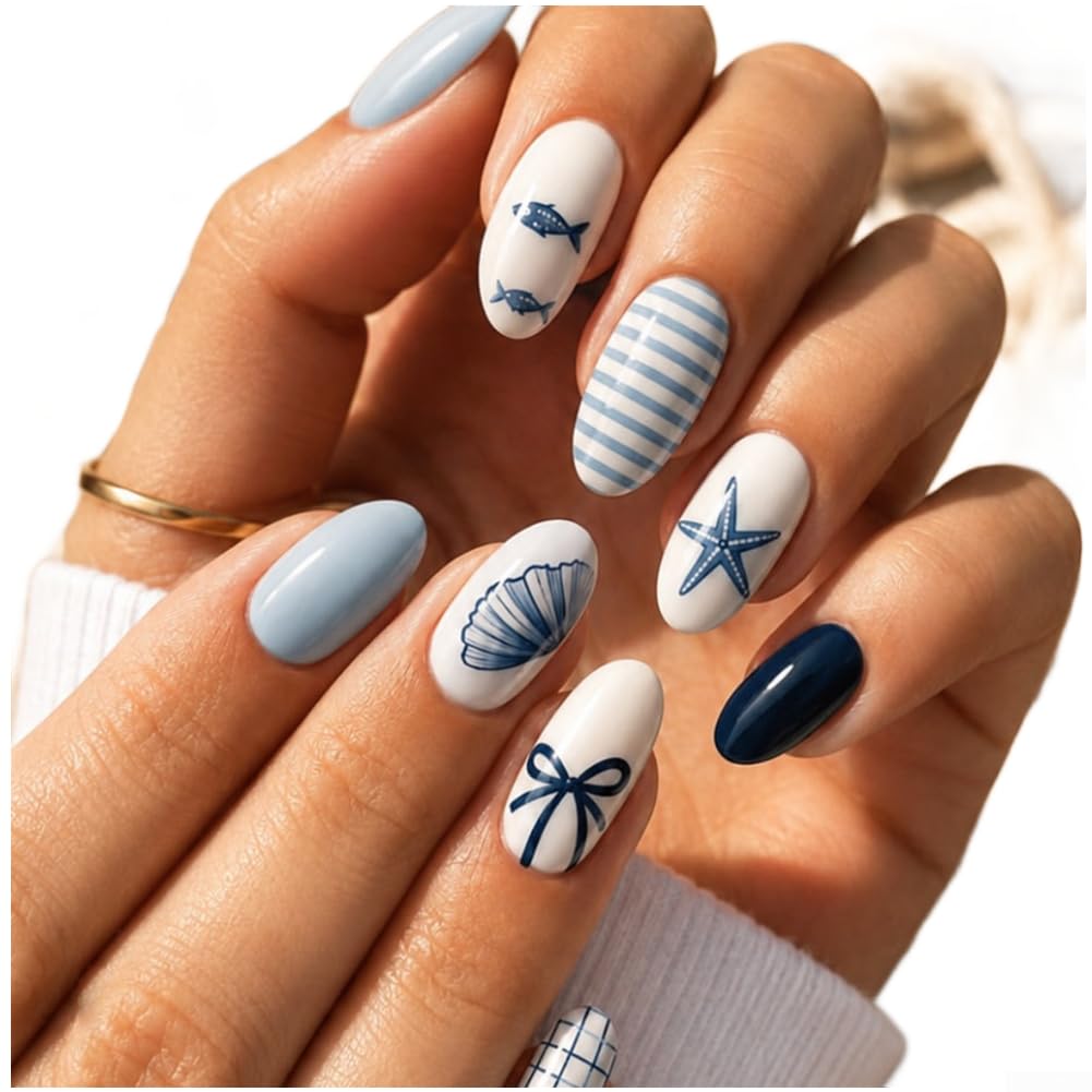 Uñas Postizas Almendra Largas Marino Estrella Uñas Postizas Almendra