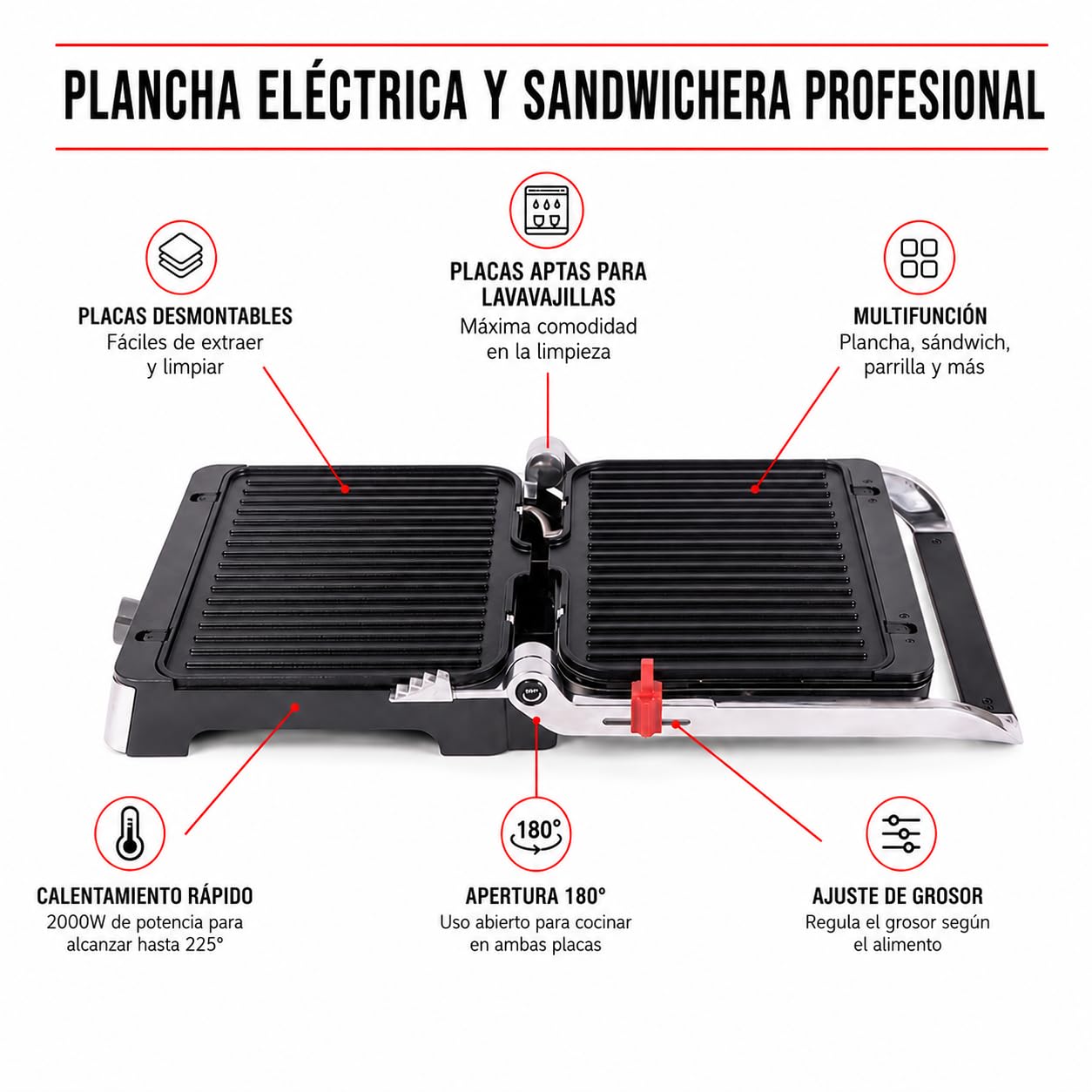 Parrila Electrica Grill 3 en 1 Sandwichera Antiadherente para Barbacoa Paninis Verduras Pescado Ajustable - Tostadora de Pan con Placas Desmontables Lavables 2000w Temperatura Regulable