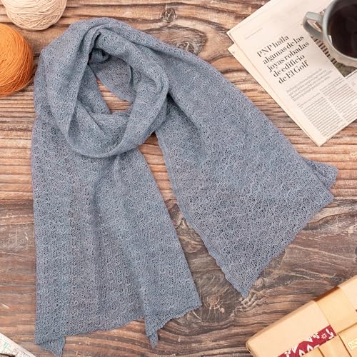 NOVICA Artisan Handmade 100% Baby Alpaca Scarf Wrap in Steel Blue from Peru Wool Accessories Scarves Solid ' Steel Blue Gossamer'2