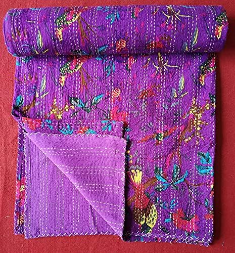 ShakDeco Indian Handmade Print Vintage Kantha Quilt Cotton Bedspread Bohemian Bedding Coverlet Throw Reversible Blanket Both Twin and Queen Sized (Purple, Queen 90x108 Inch)