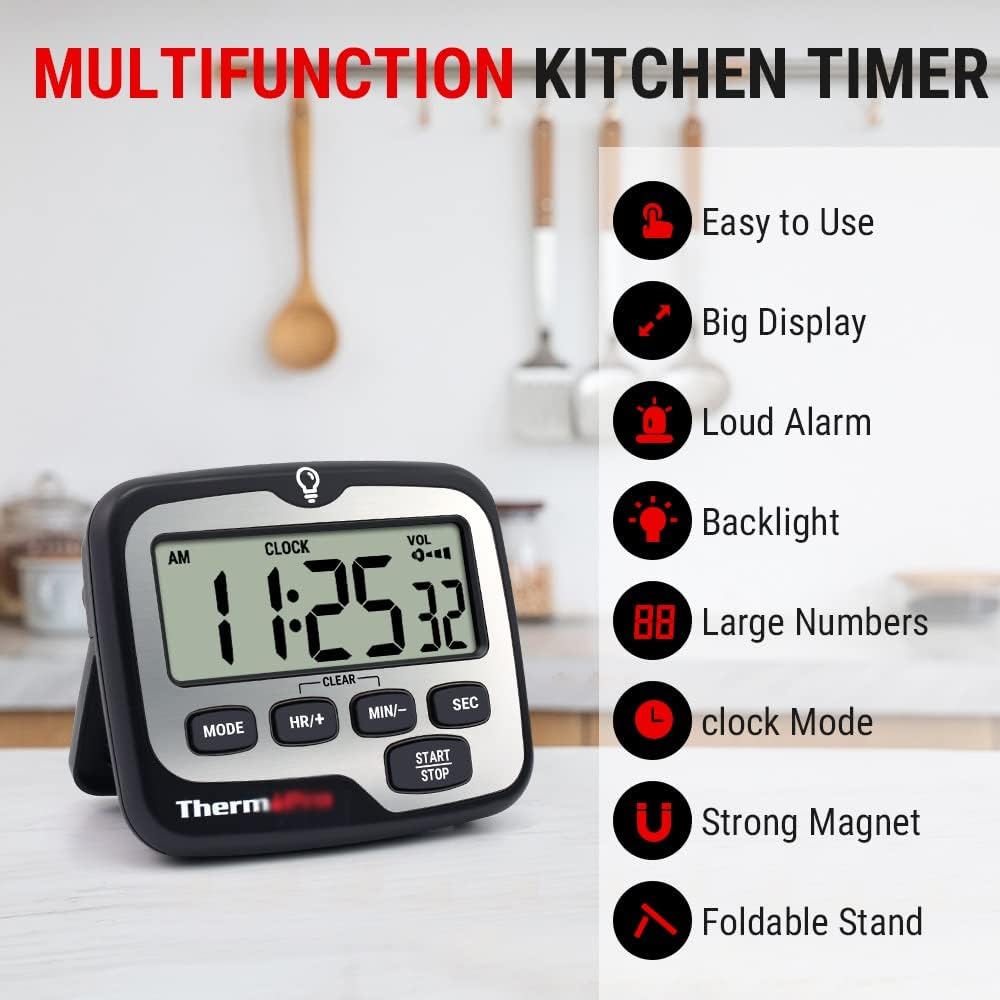 Digital Cooking Kitchen Timer with Large Backlight Display Countup Countdown and Clock Function