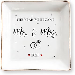 Wedding Gifts for Couples 2025, Mr and Mrs 4" Ceramic Jewelry Tray, Gift for Bride Newlywed - Engagement, Just Married Ring Dish Gifts for Her, Bachelorette & Bridal Shower Gift for Bride