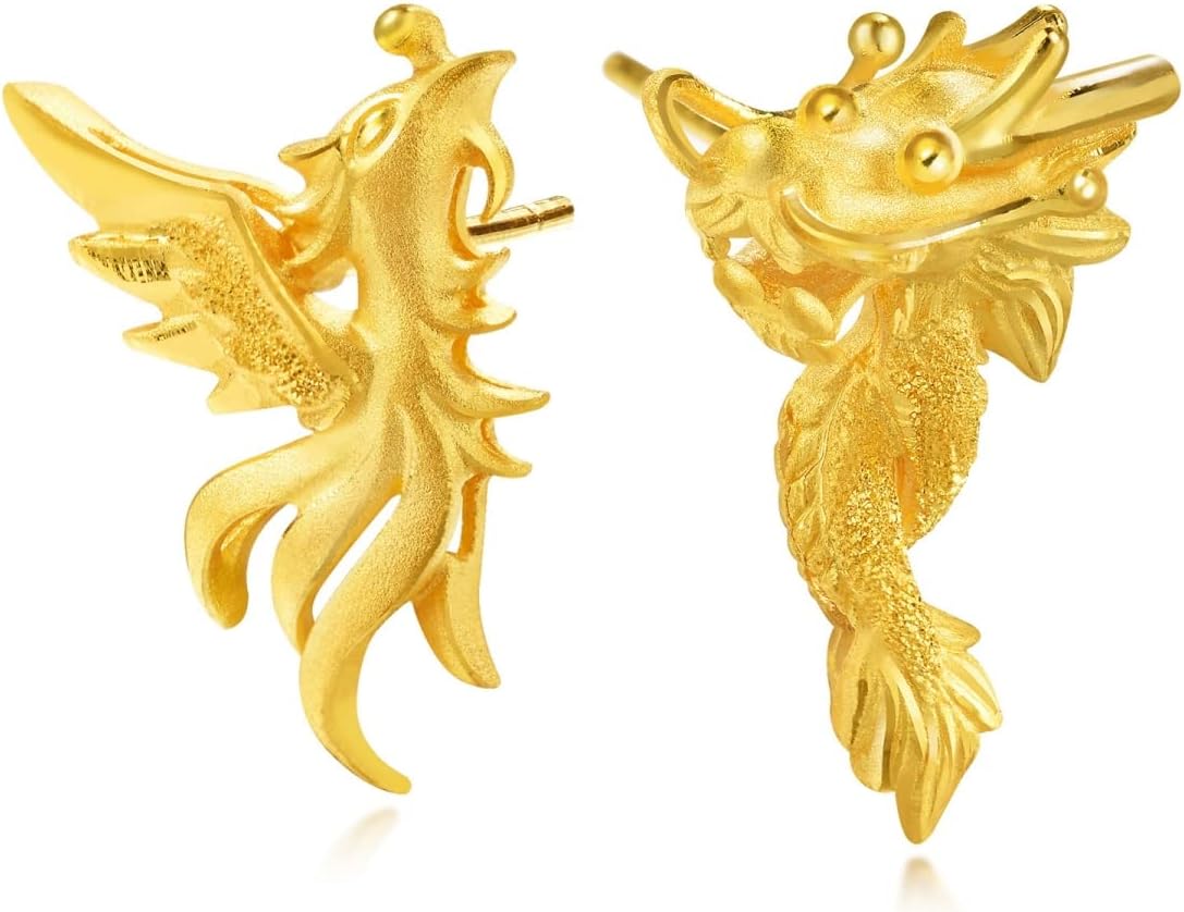 Chow Sang Sang Chinese Wedding Collection 999.9 24K Gold Price-by-Weight Gold Dragon and Phoenix Mismatched Earrings for Women 68742E