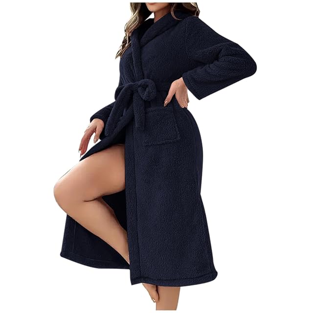 Womens Hooded Fleece Robe Long Plush Bathrobe for Women with Pockets Long Lounge Warm Spa Bathrobe