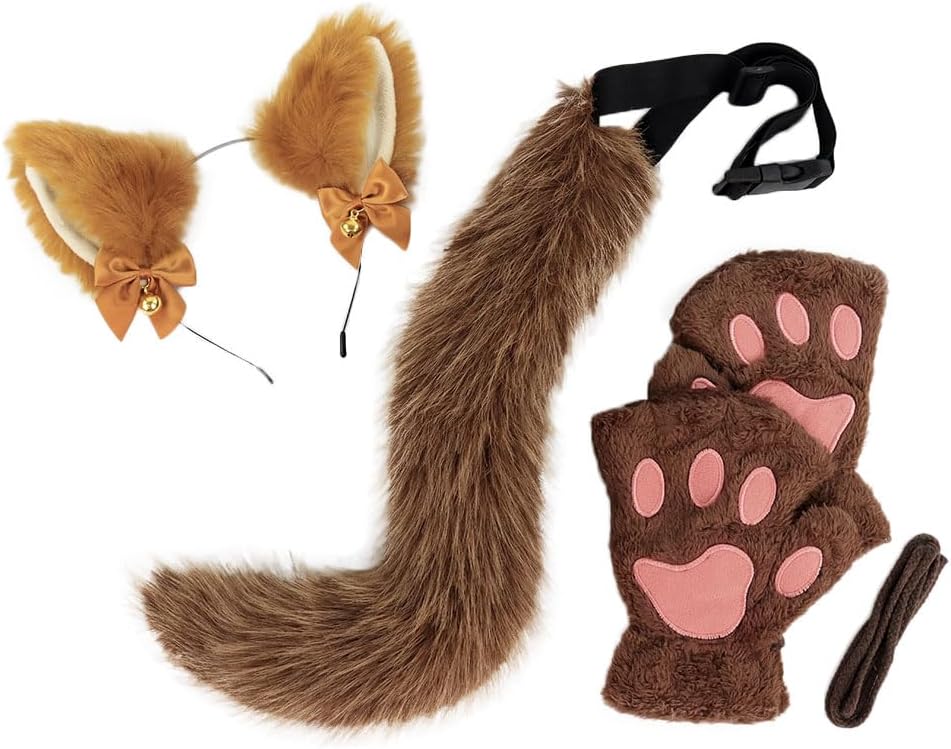 Faux Fur Fox Cat Ears Headband Animal Tail and Paw Gloves Set Halloween Cosplay Costume Accessories