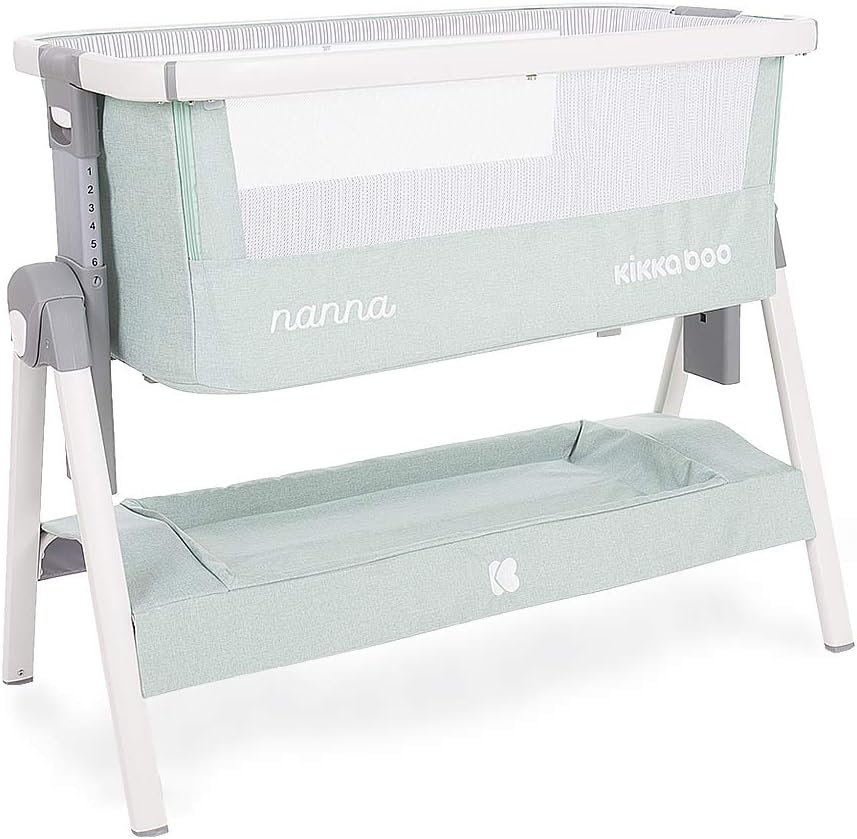 Kikka Boo Nanna Bedside Crib Travel Cot Bed Baby Play Pen Child Bassinet Playpen - Bed-Side Crib, Anti-Reflux Positioning (Green Melange)