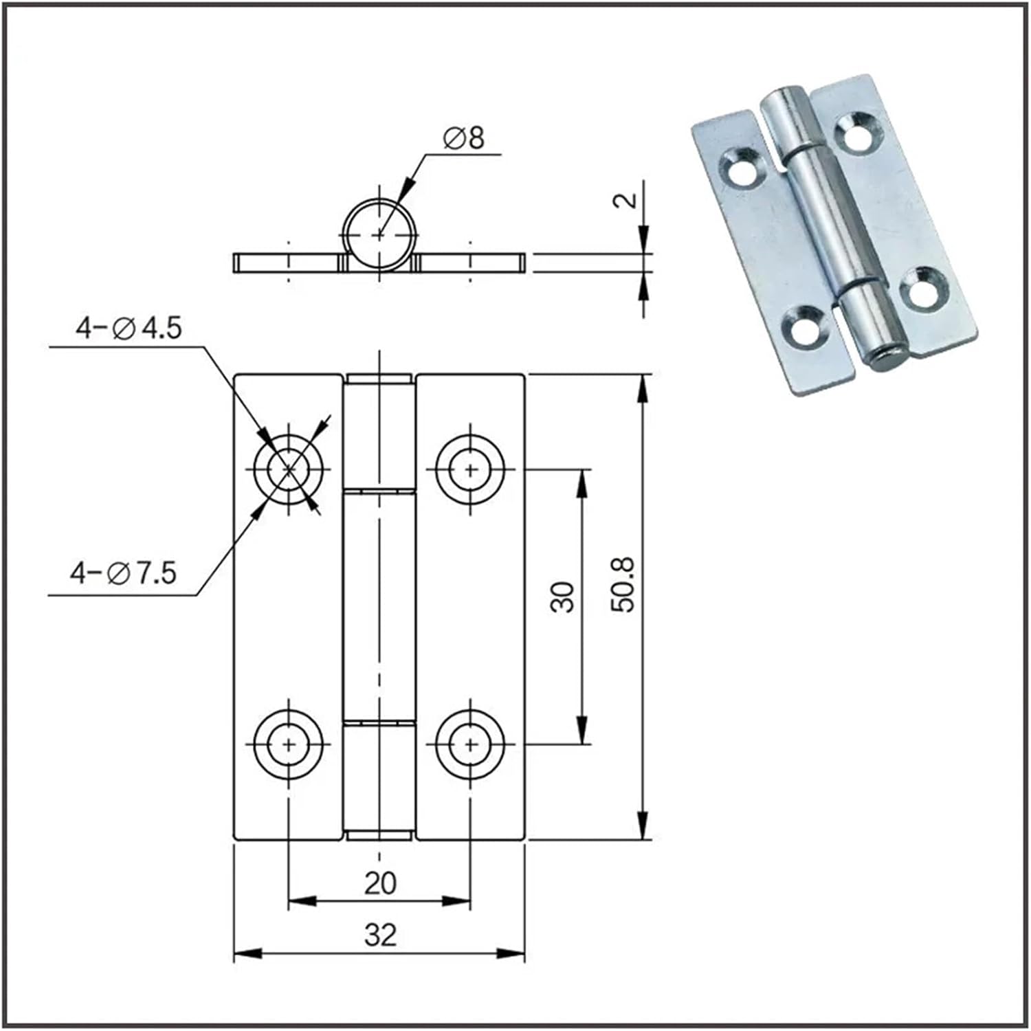 2-inch Thickened Industrial Box Cabinet Door Hinge Narrow Side Square 50x32 Hinge 1Pcs