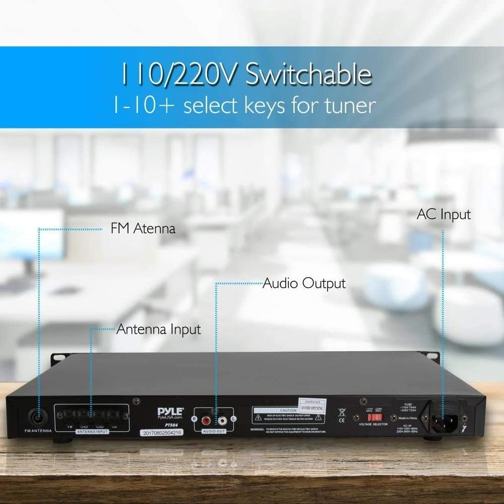 Rear panel of the PyleHome PT504 digital AM/FM tuner, showing input and output connections.