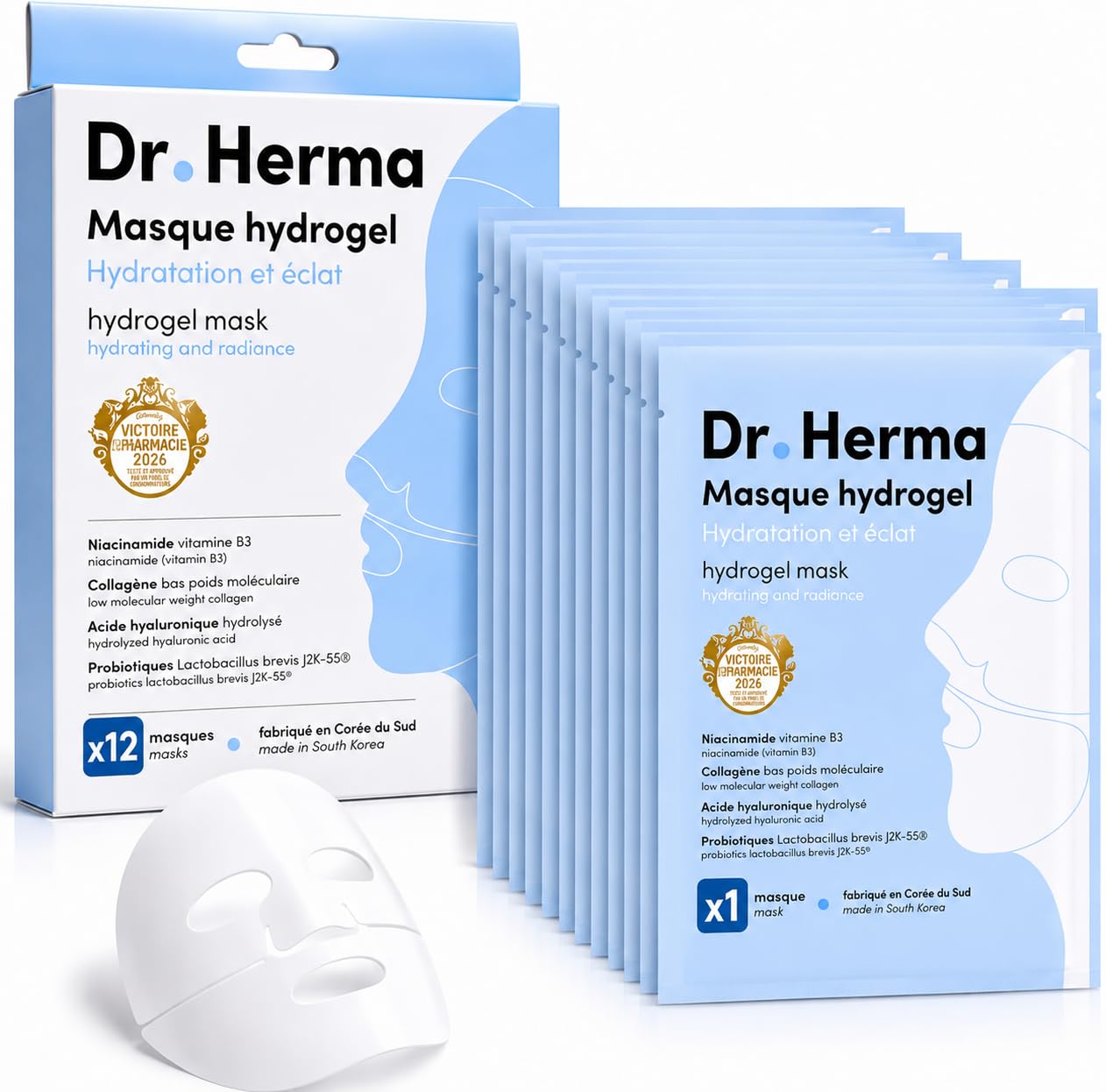 Dr. Herma Hydrogel Mask (12 Stück) - Koreanische Gesichtsmaske für Frauen mit Hyaluronsäure, Kollagen, hypoallergener - feuchtigkeitsspendende, Porenverfeinerung, Anti Aging Maske für Alle Hauttypen