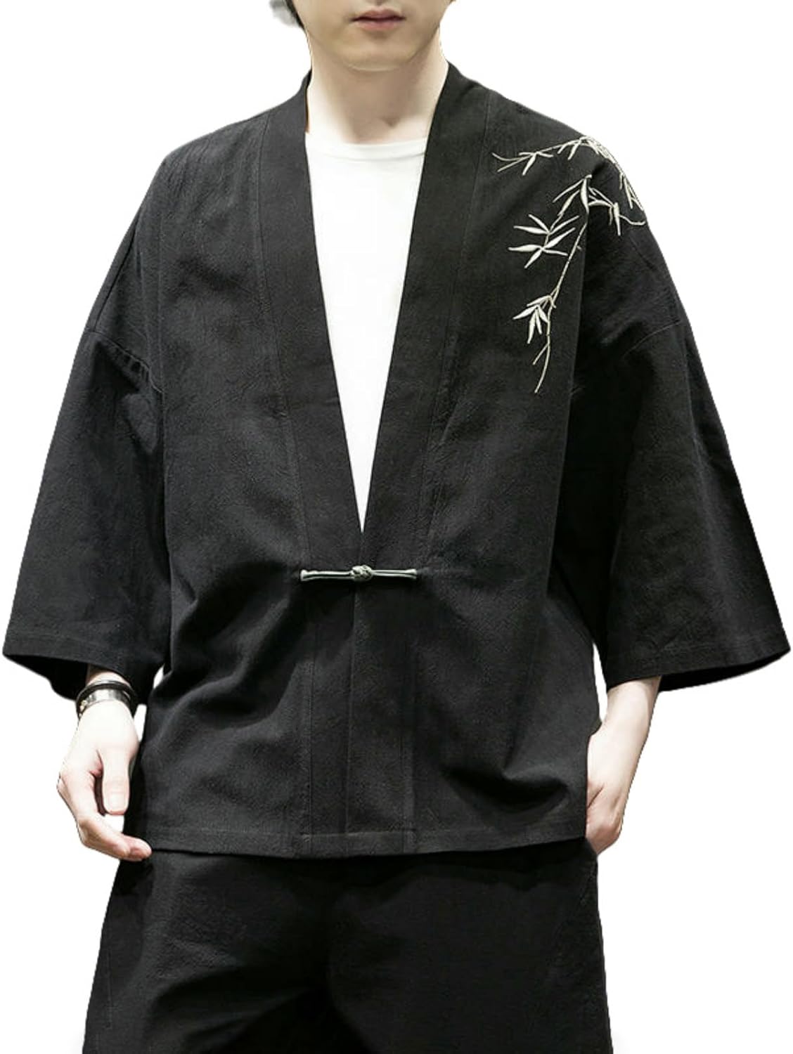 Men's Summer Chinese Style Trendy Loose Embroidery Retro Cotton Linen Robe Cardigan Shirt