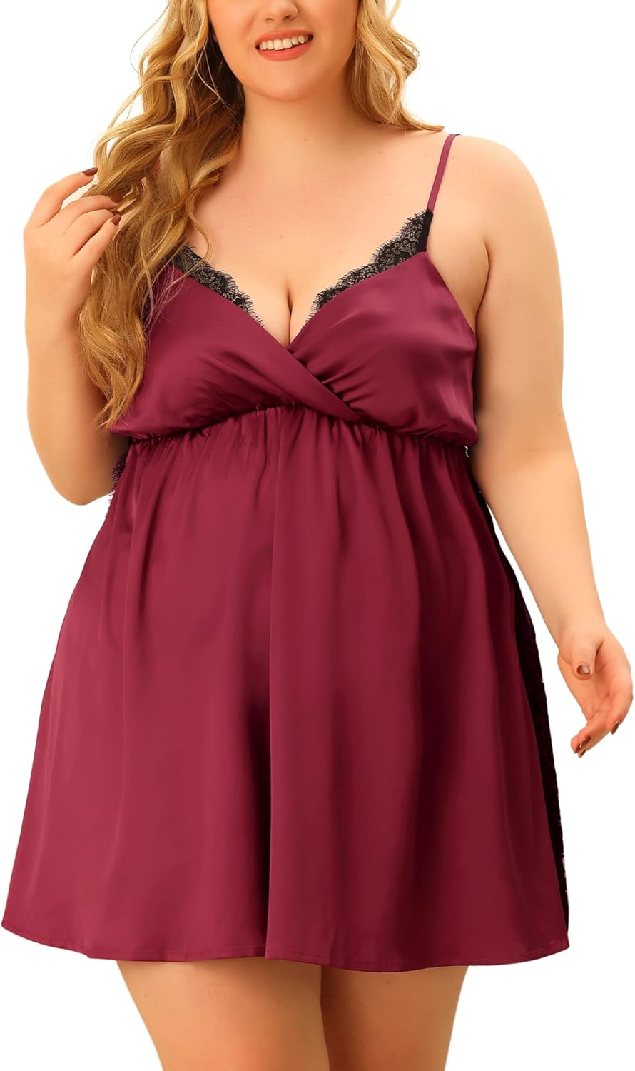 Agnes Orinda Plus Size Satin Sexy Lace Chemise Nightgown for Women Lingerie Side Slit Sleepwear