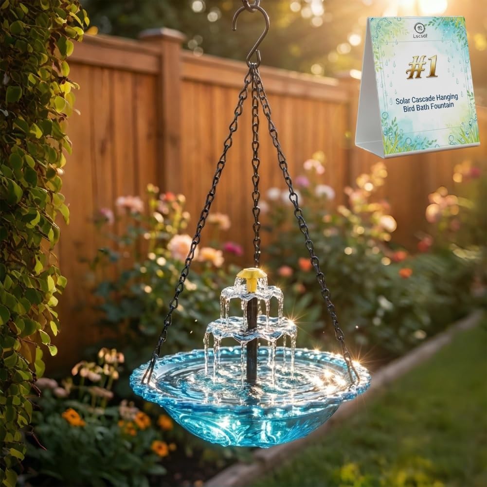 Solar Cascade Hanging Bird Bath Fountain, 2026 New Outdoor Hanging Birdbath with Solar Pump and Glass Bowl, Large Humming Birds Baths Fountains for Patio, Yard, Garden Decoration(Style F)