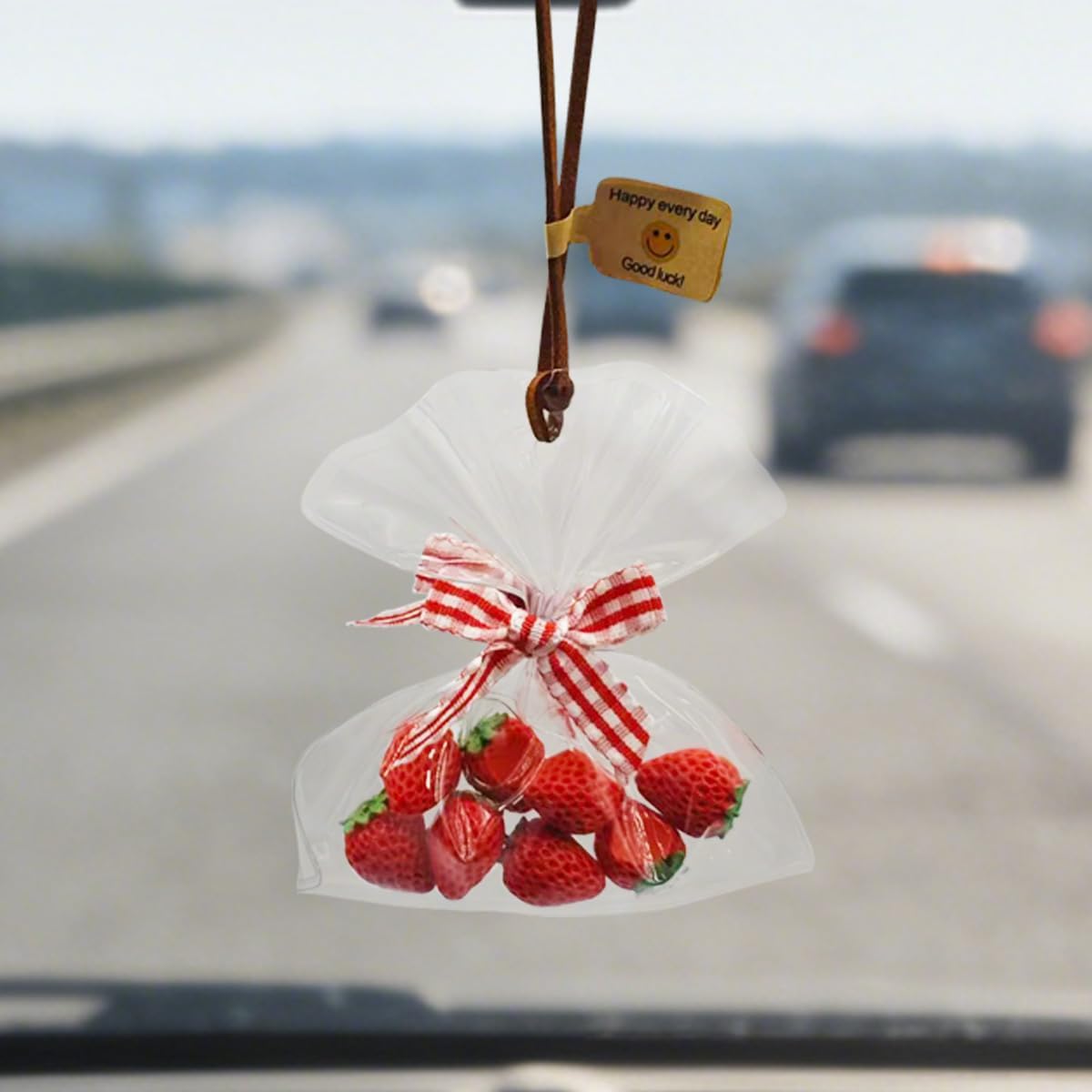Swing Strawberry Car Hanging Ornament, Cute Fruit Car Rear View Mirror Charm with Transparent Bag Design, Funny Automotive Interior Pendant Decoration for Vehicle Home (Red)