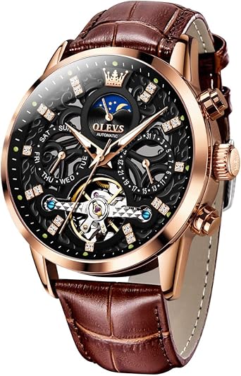 OLEVS Men Skeleton Watch Automatic Designer Luxury Mechanical Wrist Watches Brown Leather Dress Casual Moon Phase Luminous Waterproof