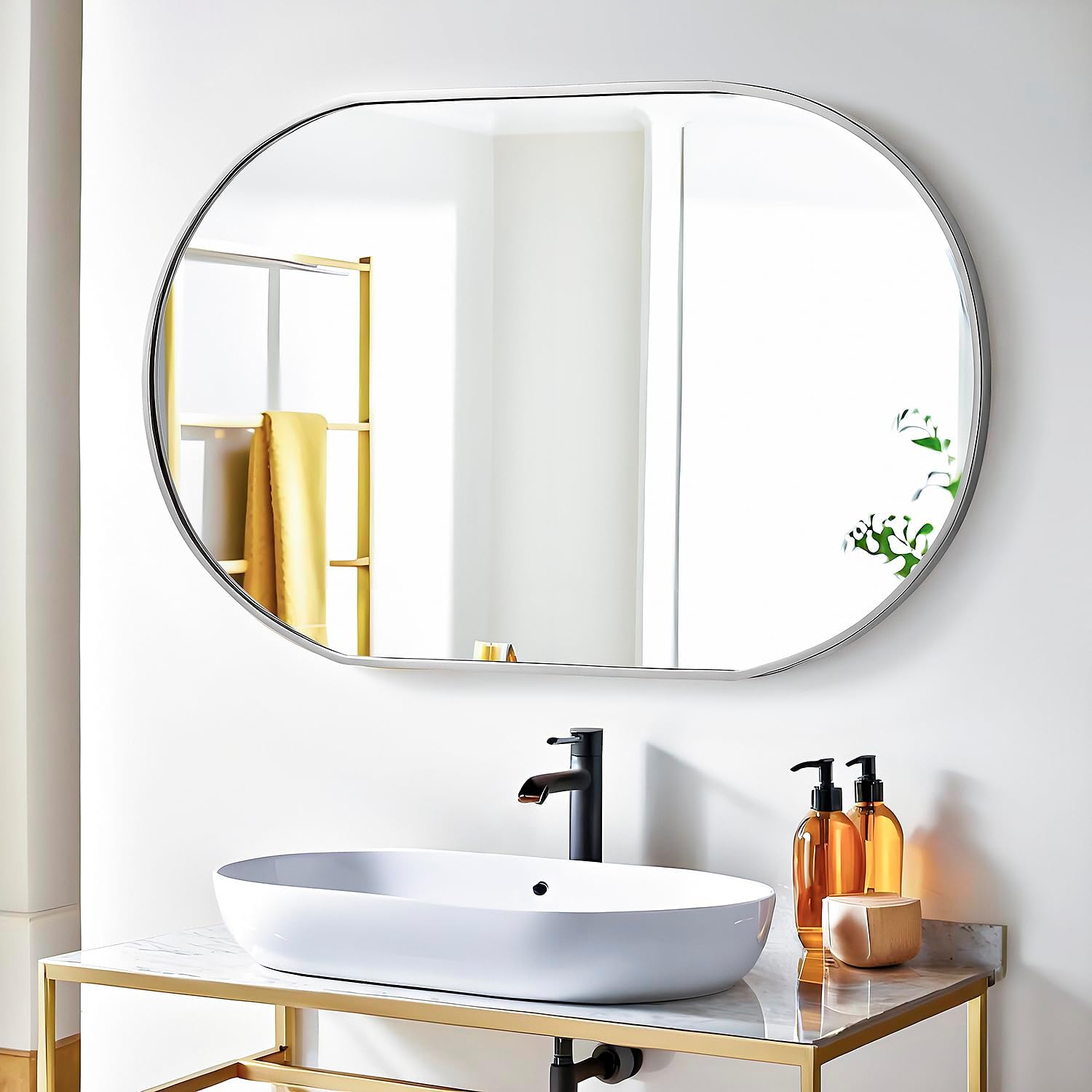 SCWF-GZ 36x24 Mirror Runway Oval Wall Mounted Aluminum Alloy Metal Frame Rectangle Mirrors for Entryway Bedroom Bathroom Living Room 36 24 inch Silver