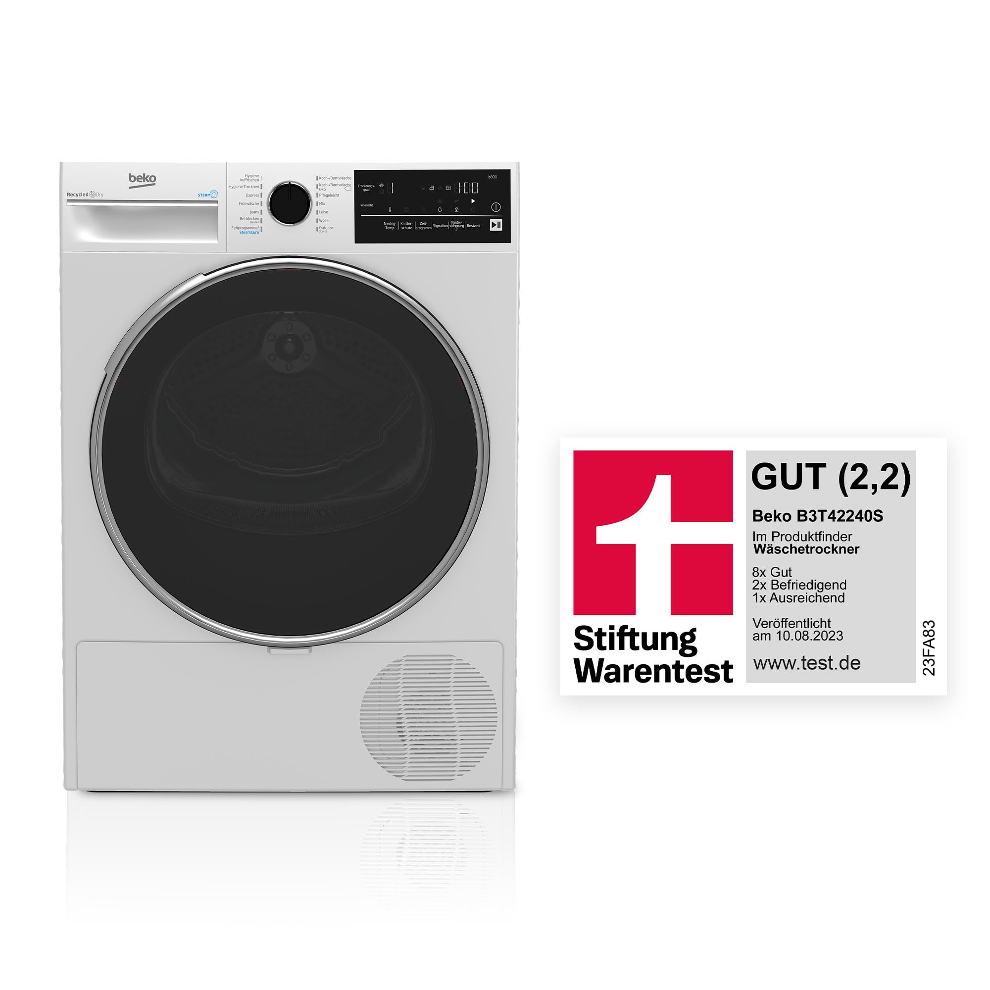 Beko B3T42240S b300 Wärmepumpentrockner 8 kg Hygiene Trocknen SteamCure Dampffunktion 14 Programme Weiß