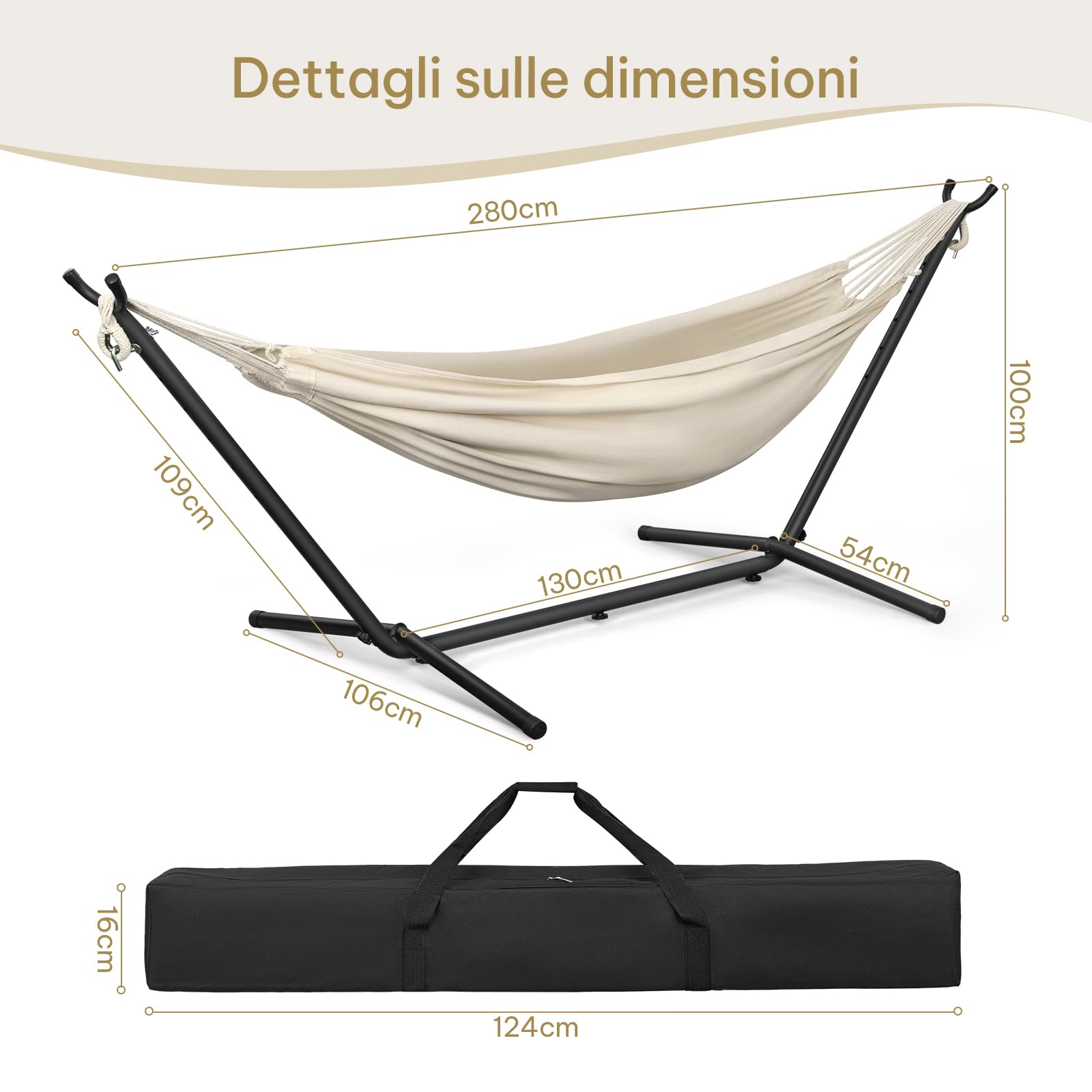 Laneetal Amaca con Supporto, Amaca con Struttura in Metallo per 2 Persone, Portata Max. 250 kg, Borsa da Trasporto, per Campeggio/Giardino/Balcone/Piscina, 280x106x100cm (Beige, 280x106x100cm)