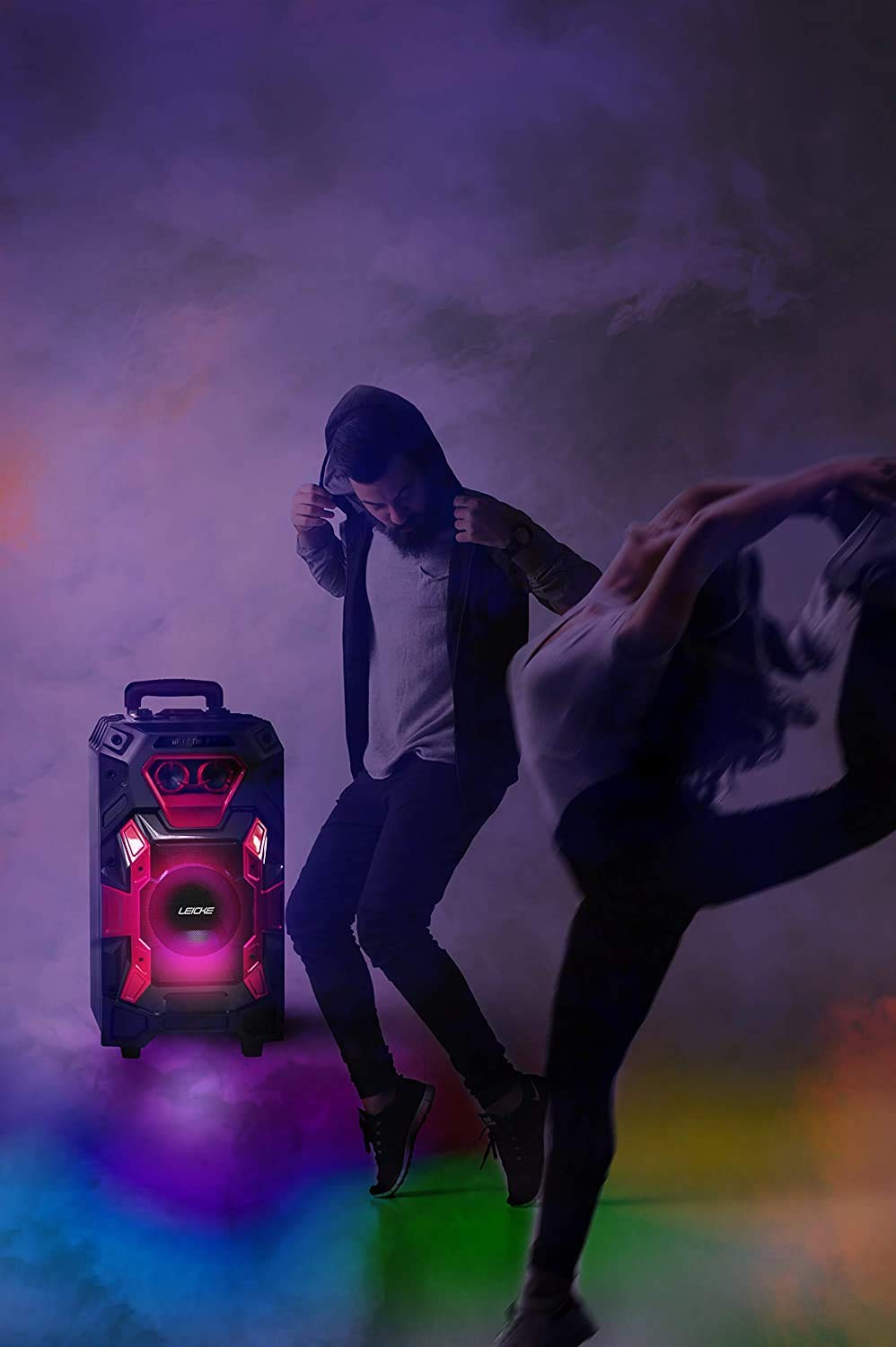 LEICKE Tragbar Karaoke Lautsprecher Bluetooth, PA DJ Anlage Kabellos Party Musikanlage Musik System Box, Soundsystem mit Licht USB, Aux In, UKW Radio, Gitarren Mikrofon Anschluss und Trolley Griff