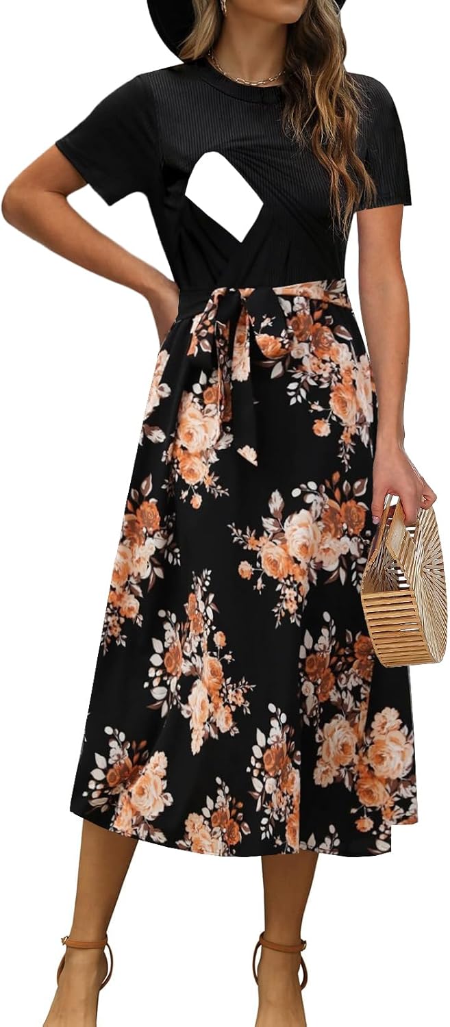 CzzzyL Women Nursing Dress Short Sleeve Floral Patchwork Ribbed Pregnancy Tie Waist Work Outfits Summer