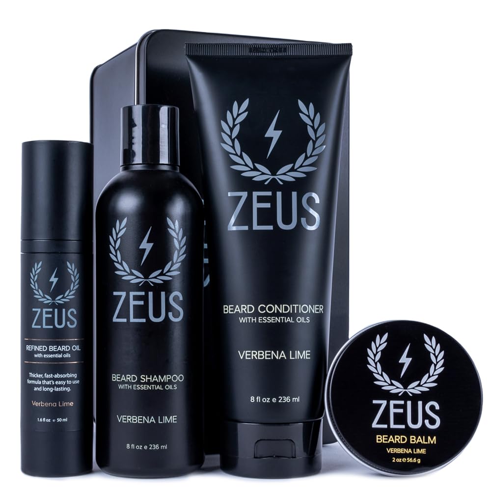 ZEUS Everyday Beard Care Kit for Men, Beard Shampoo, Conditioner, Refined Oil & Styling Balm, Softens, Hydrates, Tames & Strengthens (Made in USA) Verbena Lime