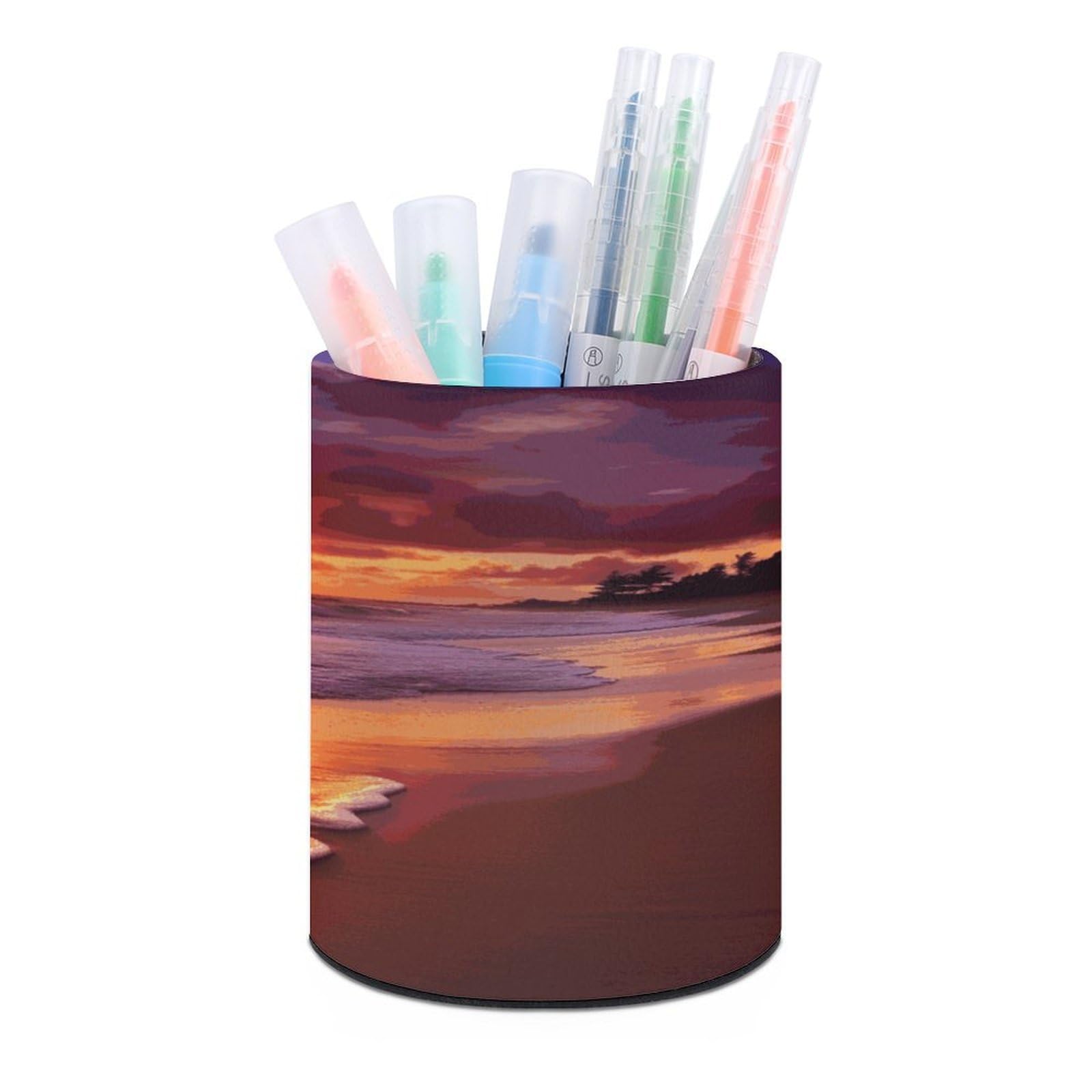 MUSM Beautiful Beach Sunset Pen Holder Large Capacity Pen Holder Modern PU Pencil Holders Durable Waterproof Pens Cup for Home Office Desktop Organizer
