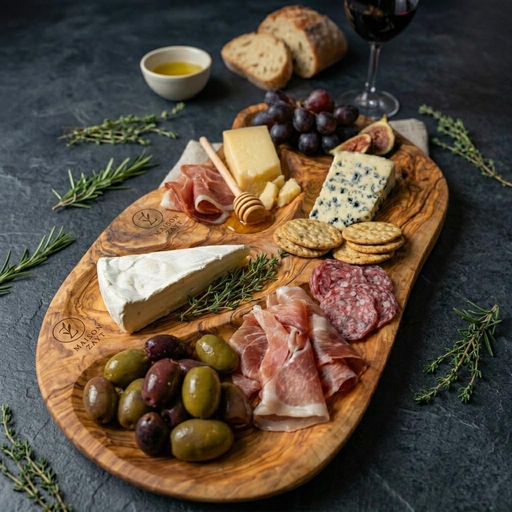 Plateau Apéritif Bois d'Olivier Forme Organique - Planche Live Edge Charcuterie Fromage Tapas - Pièce Unique Fait Main - Idée Cadeau Cuisine Original