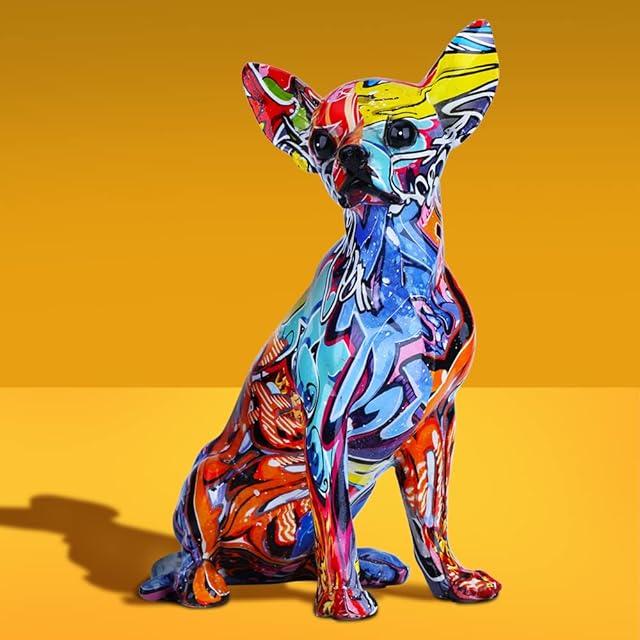 Chihuahua Dog Statue,Color Bulldog Animal Graffiti Dog Figurines,Art Sit Down Balloon Animal Dog Statue Ornament ,Fashion Resin Craft Ornament Dog for Home Decr