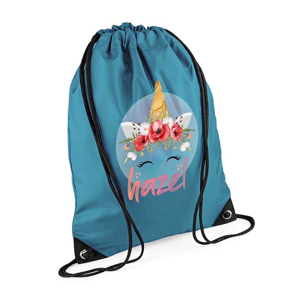 Personalised Unicorn Magicaly Stars Crown Castle Floral Girl ANY NAME Kids Birthda Back To School Drawstring Bag, PE Gym Kit, Swimming Rucksack. (Ocean Blue)